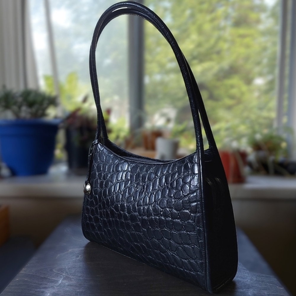 Vintage Casa Lopez Prussian blue croc embossed leather shoulder bag